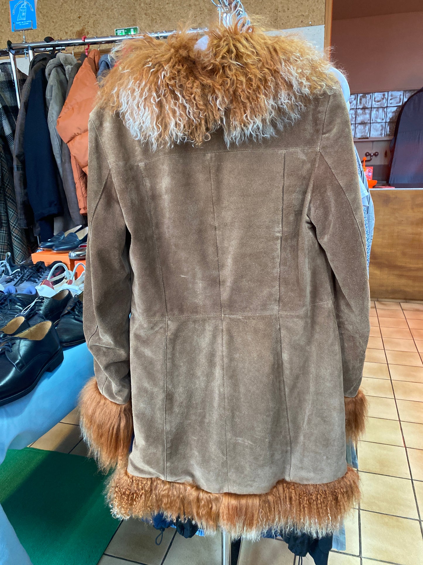 Manteau vintage daim et fourrure Mongolie femme L