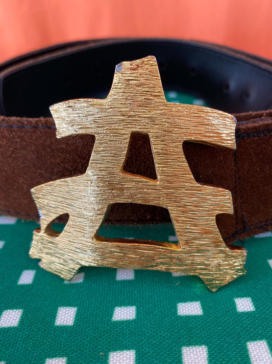 Ceinture cuir velours marron et boucle or vintage 90 cm mixte - Trésor