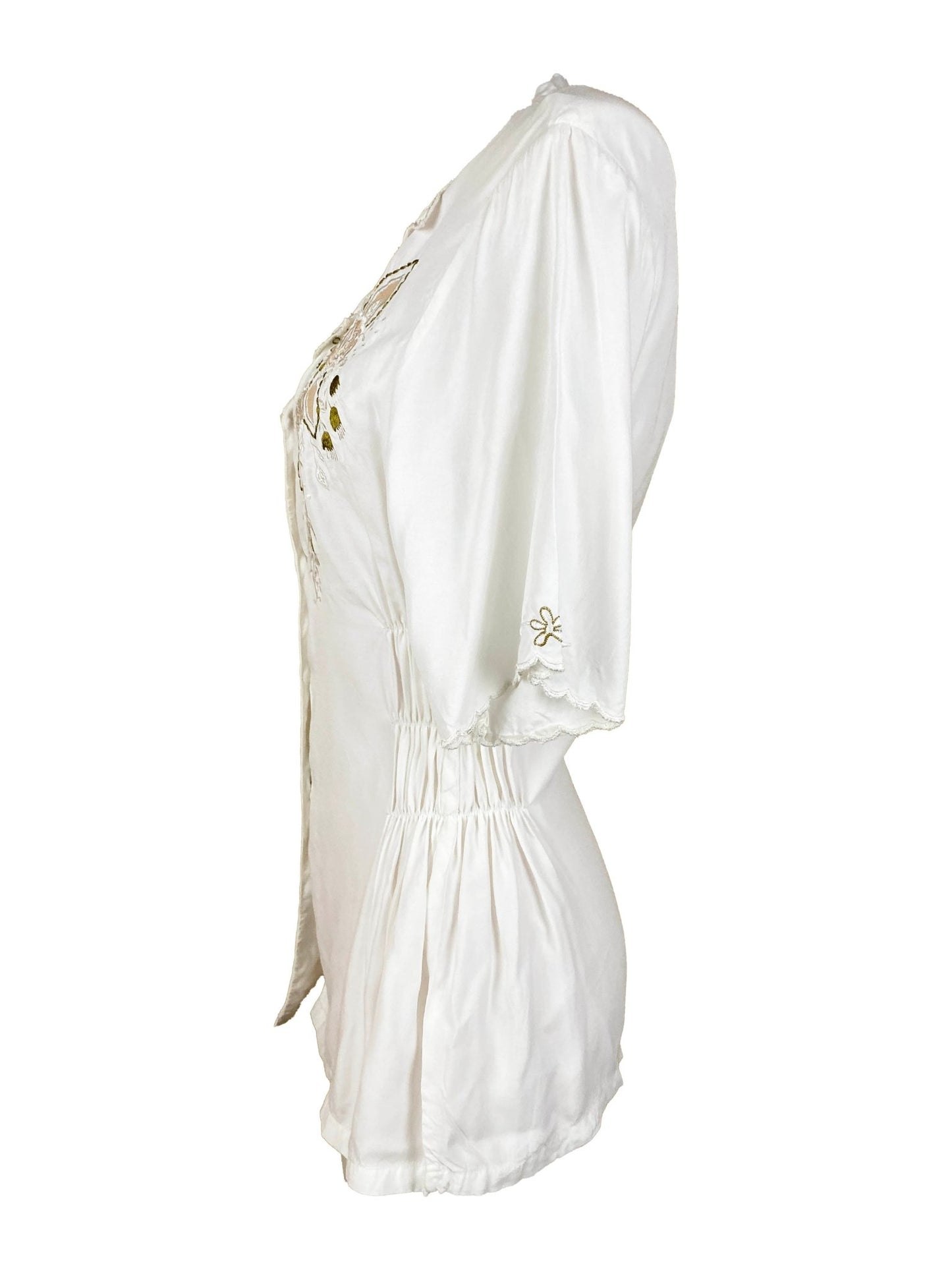Chemise à smocks upcyclée brodée Blanc Femme M - L - Trésor