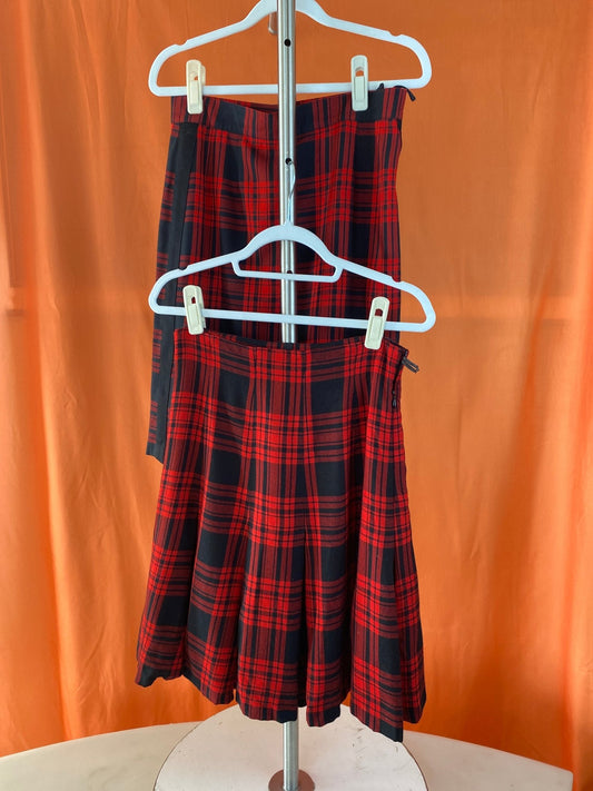 Ensemble 3 pièces vintage blazer + 2 jupes mi - longues à carreaux rouge et noir laine vierge femme S - Trésor
