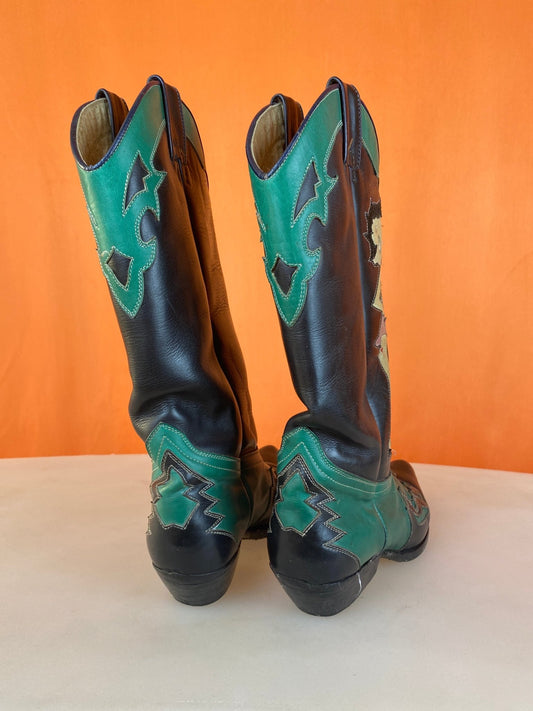 Magnifiques bottes santiags vintage faites main Betty Boop cuir vert et noir 37,5 - Trésor