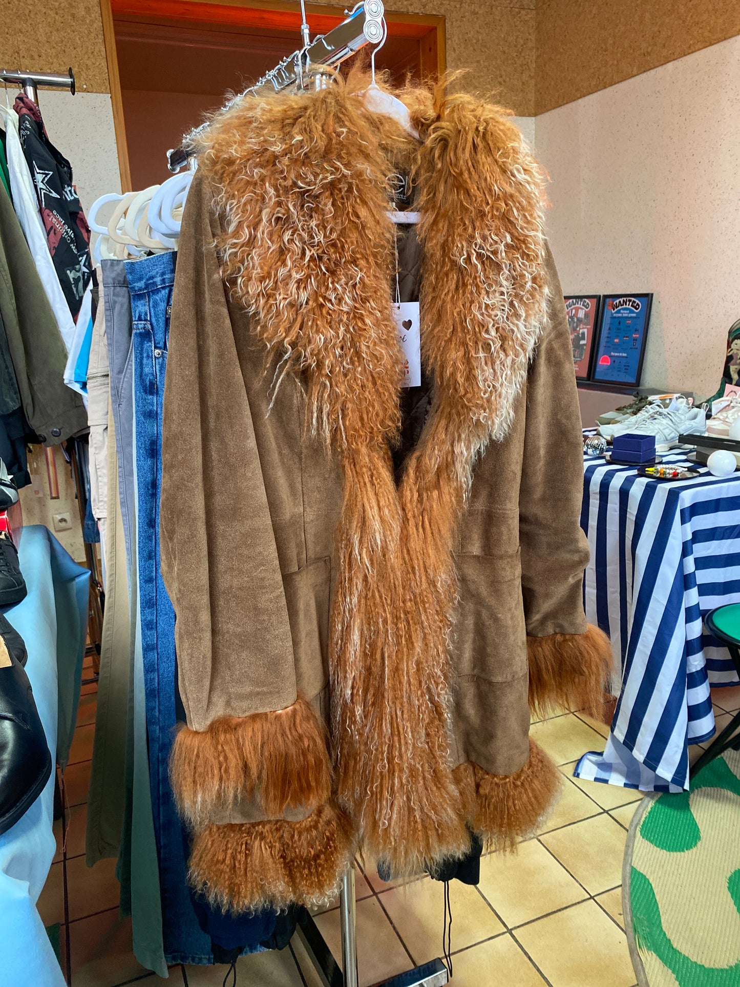 Manteau vintage daim et fourrure Mongolie femme L