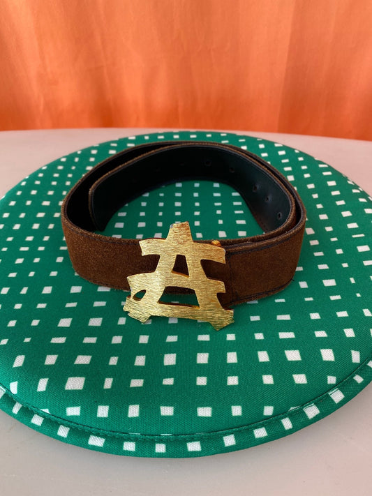 Ceinture cuir velours marron et boucle or vintage 90 cm mixte - Trésor