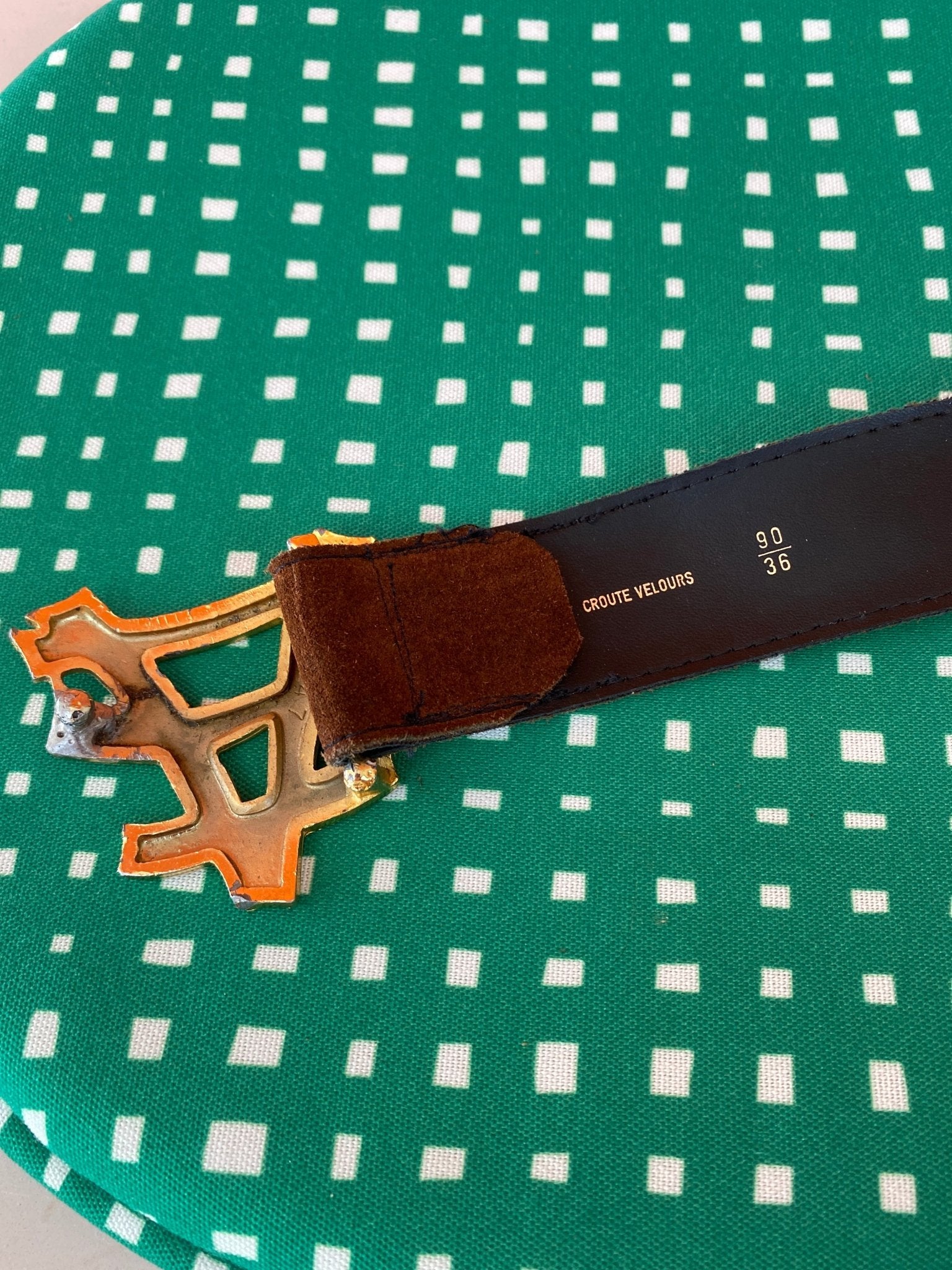 Ceinture cuir velours marron et boucle or vintage 90 cm mixte - Trésor