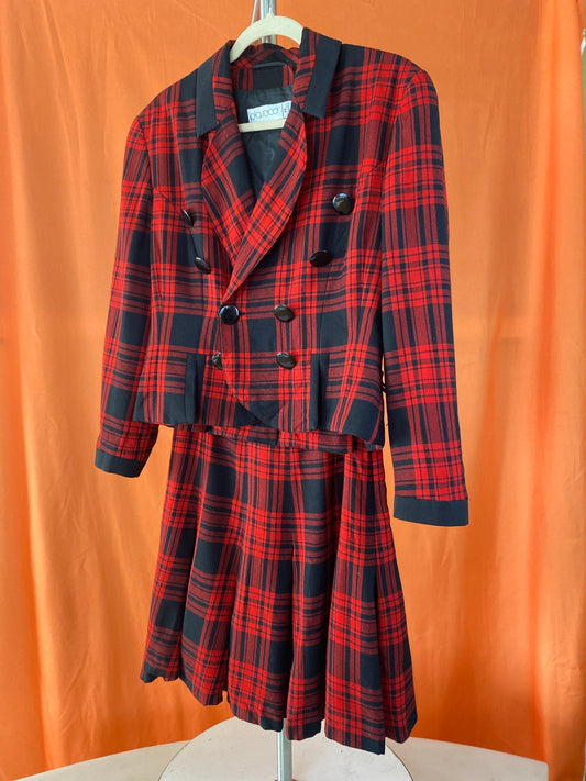 Ensemble 3 pièces vintage blazer + 2 jupes mi - longues à carreaux rouge et noir laine vierge femme S - Trésor
