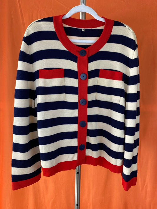 Gilet/cardigan rayé bleu, beige et rouge 100% laine vierge femme XL - Trésor