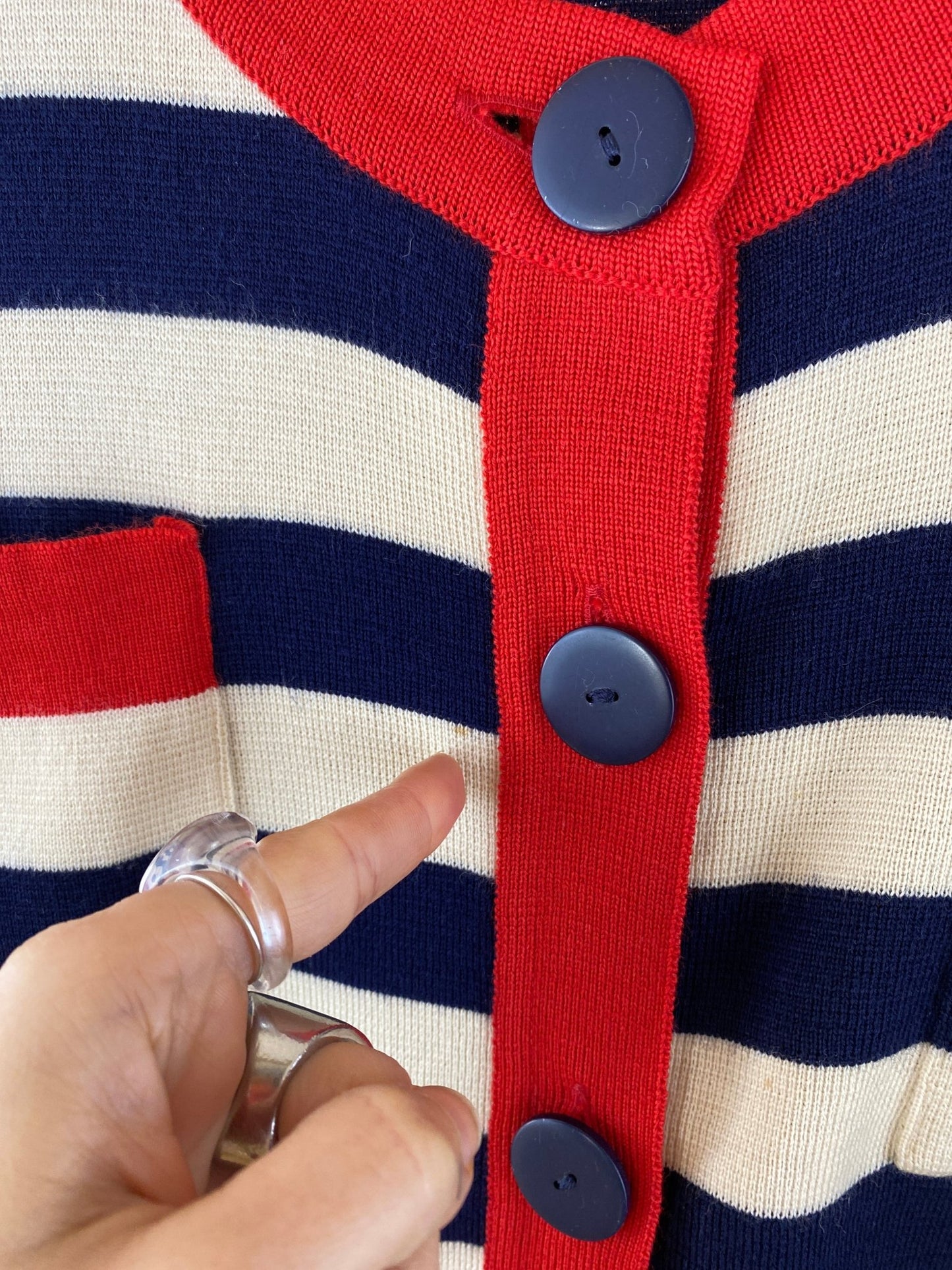 Gilet/cardigan rayé bleu, beige et rouge 100% laine vierge femme XL - Trésor