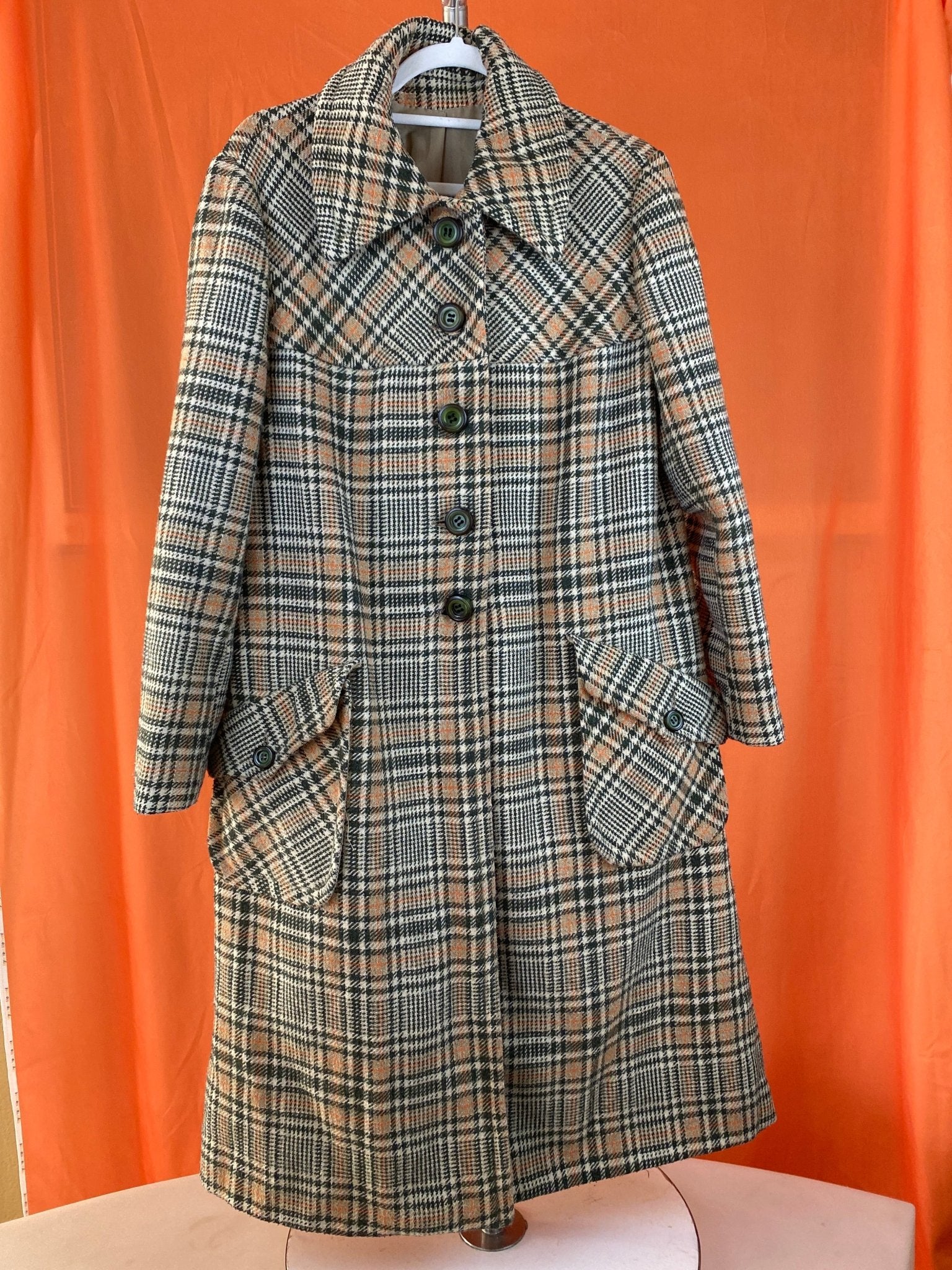 Manteau en laine à carreaux vert/beige/orange femme M - Trésor