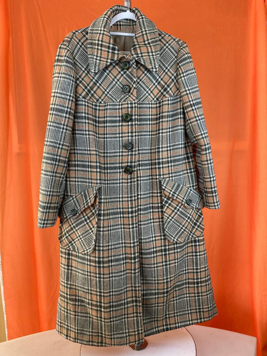 Manteau en laine à carreaux vert/beige/orange femme M - Trésor