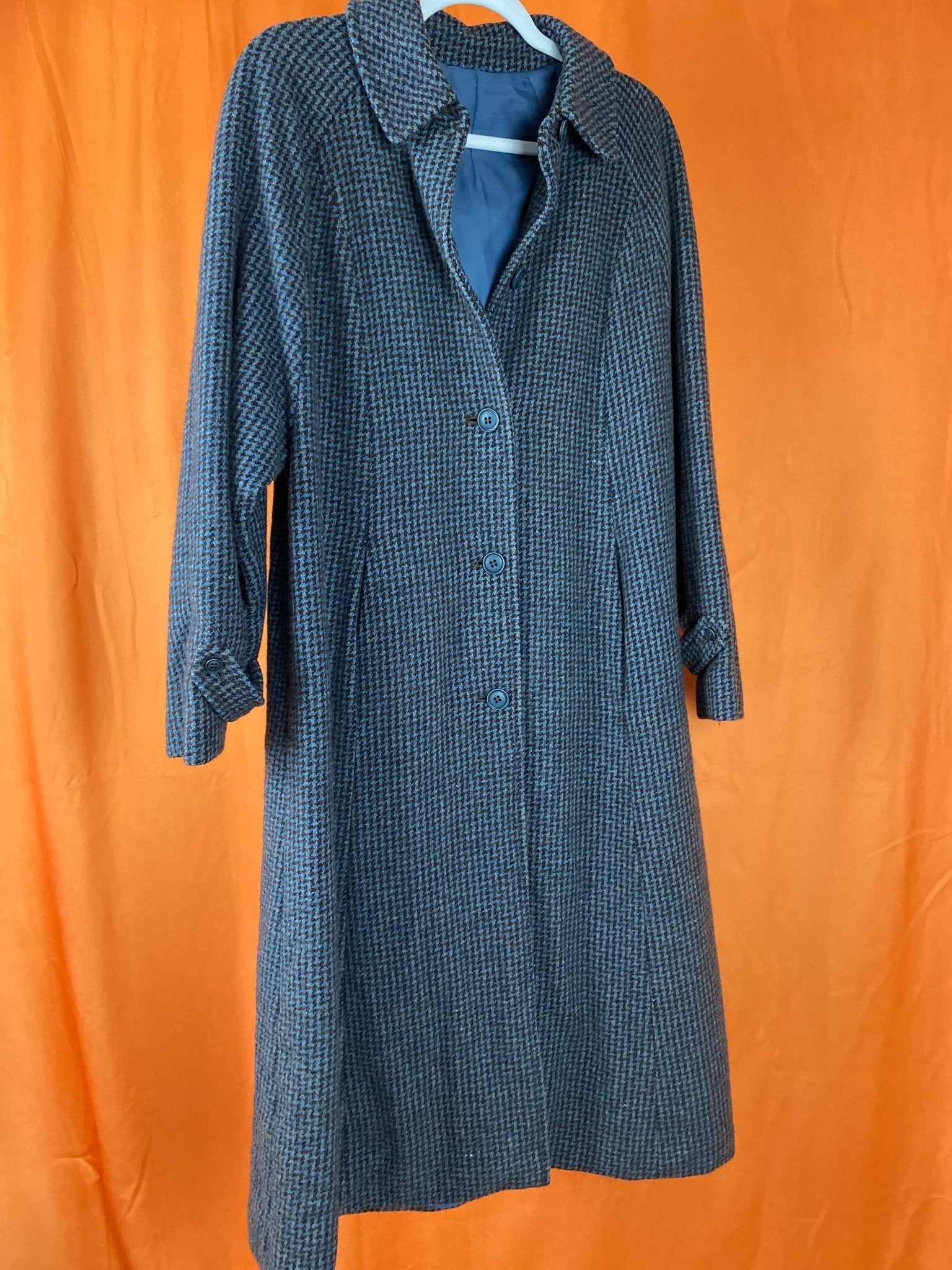 Manteau long vintage à carreaux bleu 80% laine femme M - Trésor