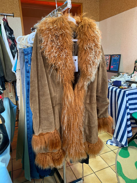 Manteau vintage daim et fourrure Mongolie femme L - Trésor