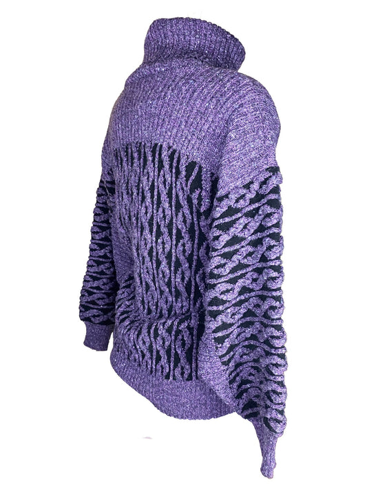 Pull vintage violet et noir femme M manches chauve - souris - Trésor