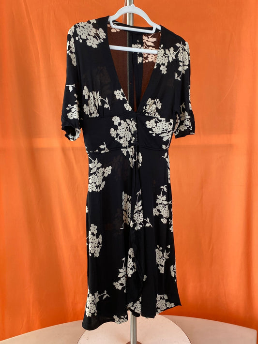 Robe portefeuille fleurie vintage noir et beige femme M - Trésor